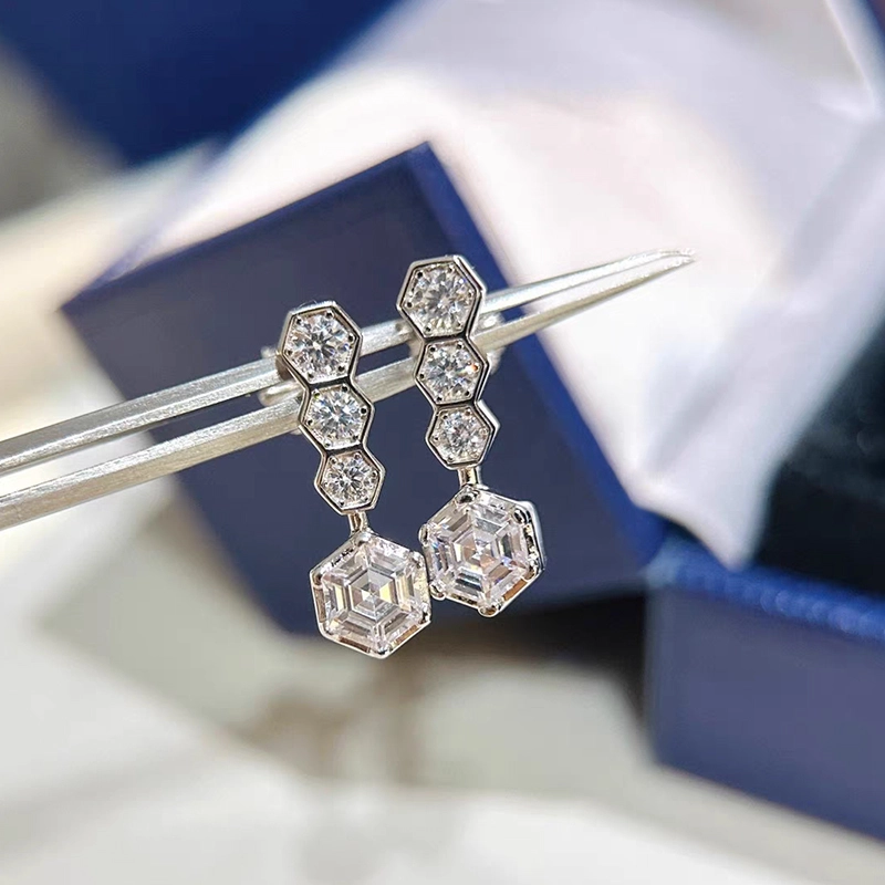 Muti Hexagons Motif Hexagon Cut Main Stone & Round Accents Diamond Stud Earrings