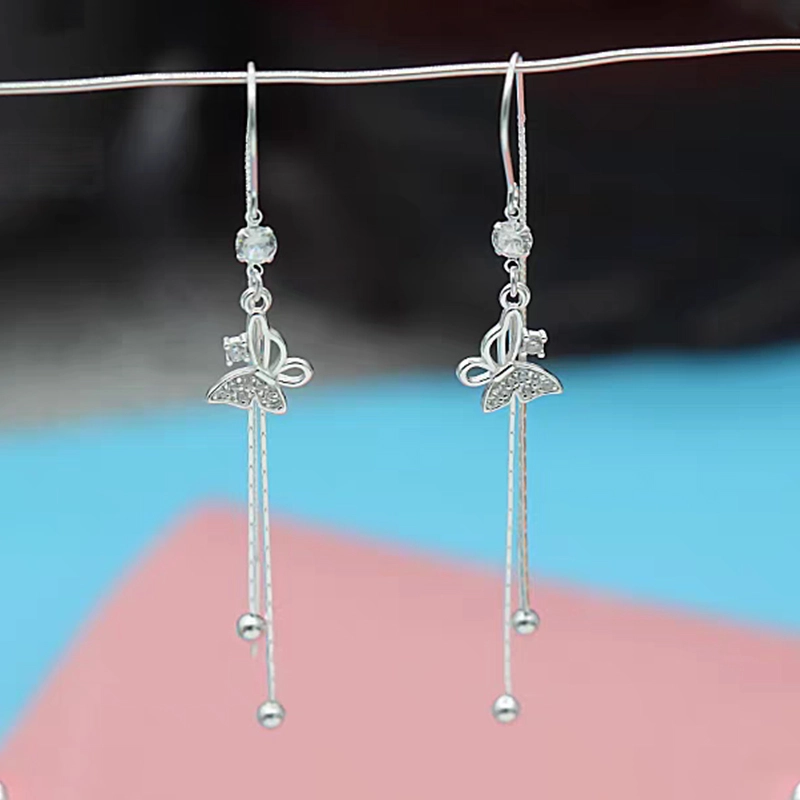 White Gold Butterfly Tassel Half Pave Long Drop Dangle Earrings With Round Beads