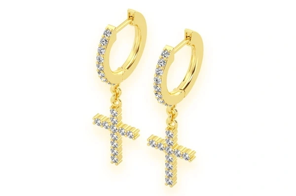 Pavé Cross Charm Lab Cultured Diamond Huggie Drop Dangle Earrings