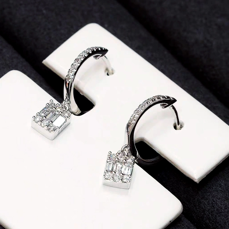 Pave Half Hoop Drop Earrings with Baguette Square Cluster Dangle
