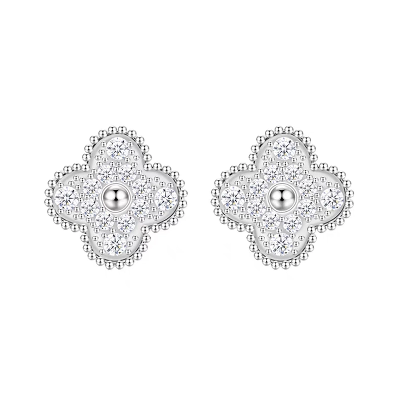 Full Pave Four-Leaf Clover Motif Milgrain Bezel Lab Diamond Stud Earrings