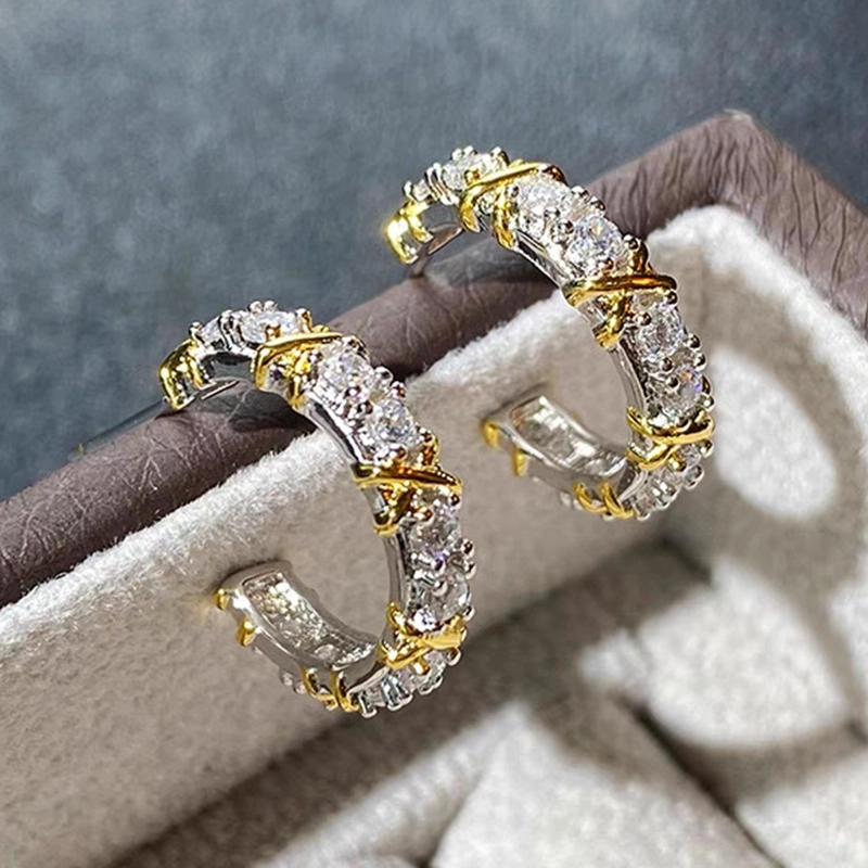 Dual Tonw Full Pave Ethical Lab Cultured Diamond Huggies With Alternating X Knot