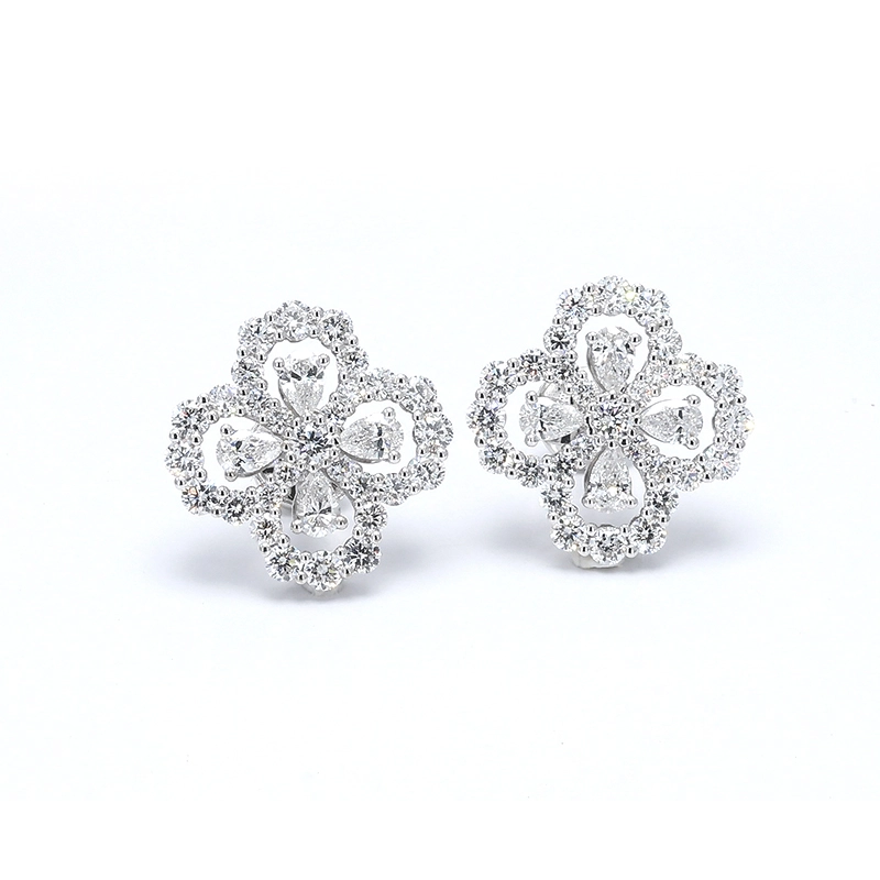 Art Deco Open Hollow Four-Leaf Clover Frame Pave Lab Diamond Stud Earrings