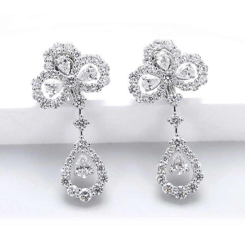 Three-Petal Floral Pear Halo Layered Drop Lab Diamond Earrings
