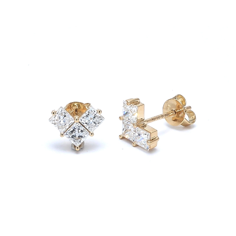 Heart Motif 3 Princess Cut Shared Prong Lab Cultured Diamond Stud Earrings