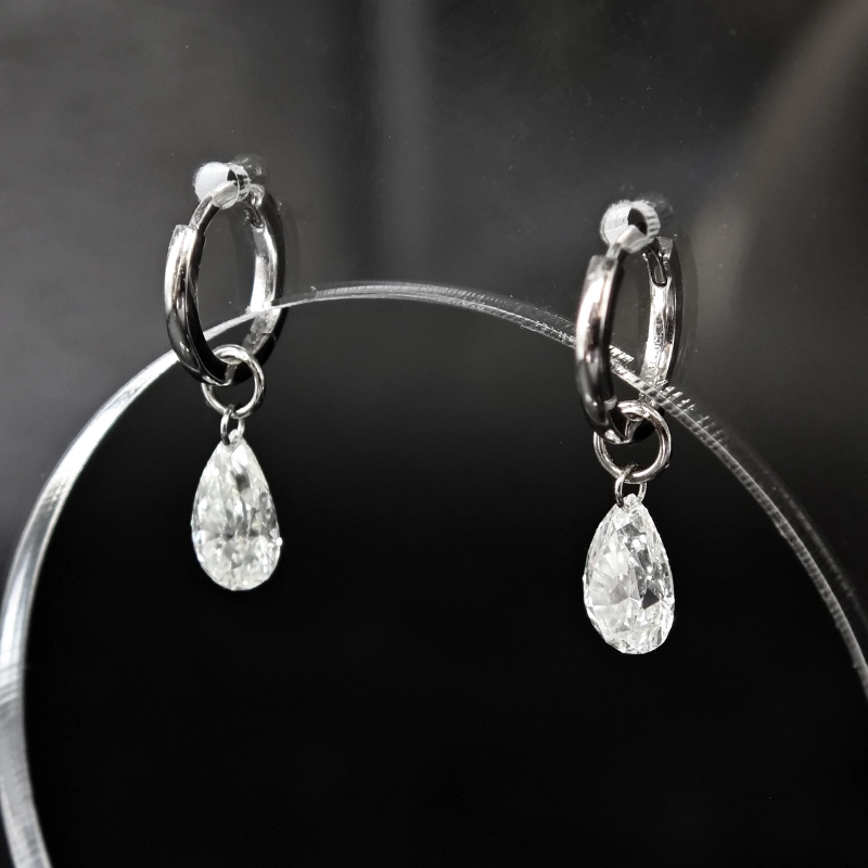 Solitaire Pierced Pear Cut Drop Earrings With Plain White Gold Leverback