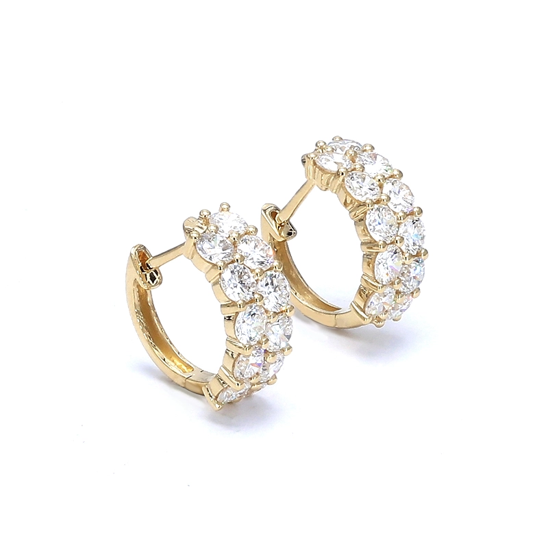 Double Row Half Pave Lab Cultured Diamond Yellow Gold Huggie Earrings