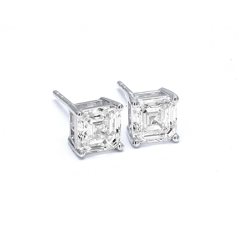 Classic 4 Prong Asscher Cut Solitaire Man Made Diamond Platinum Stud Earrings