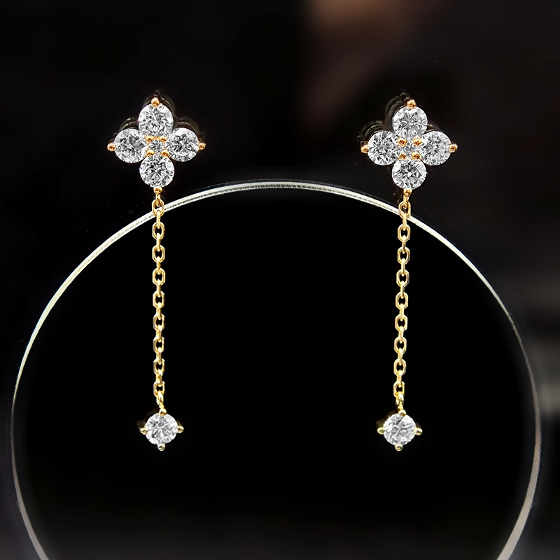 Four Leaf Clover Stud & Long Chain Drop 4 Prong Lab Diamond Earrings