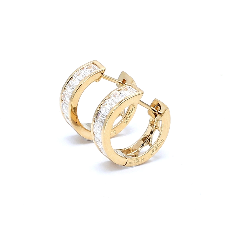 Half Channel Pave Emerald Cut Stone Two Section Leverback Hoop Earrings