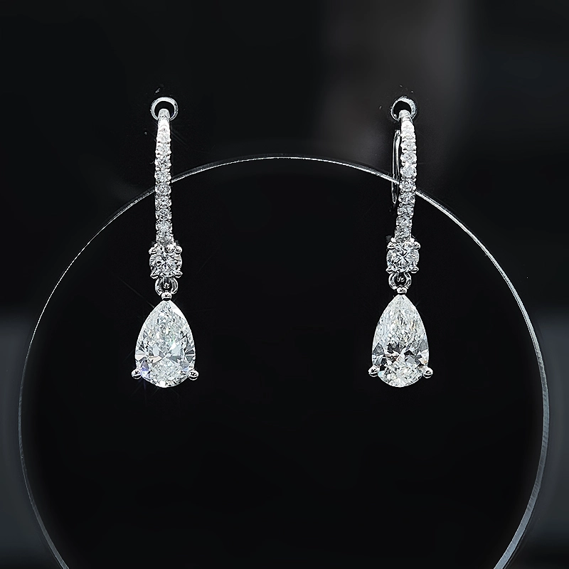3 Prong Pear Cut Dual Layer Open Gallery Diamond Drop Half Pave French Hook Earrings