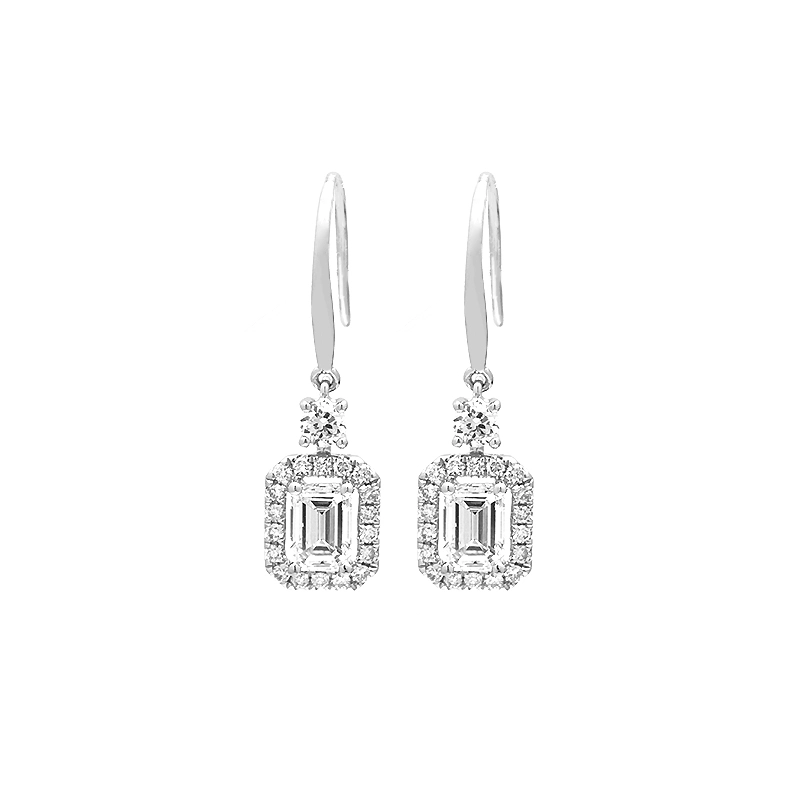Emerald Cut Solitaire Halo Side Stone Drop Earrings With Ear Wire