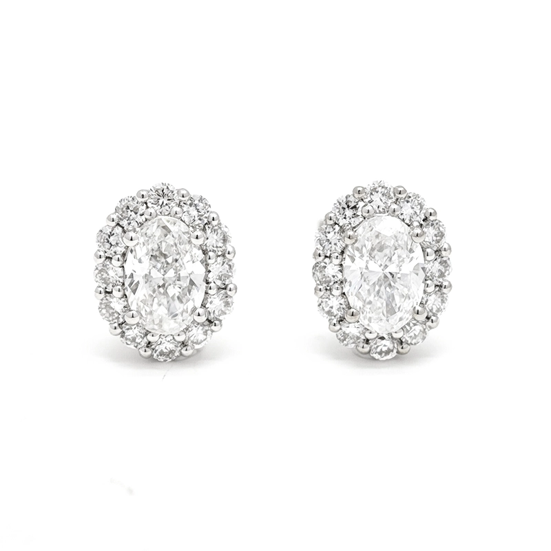 Oval Cut Solitaire Staggered Halo Dual Layer Open Gallery Lab Diamond Stud Earrings
