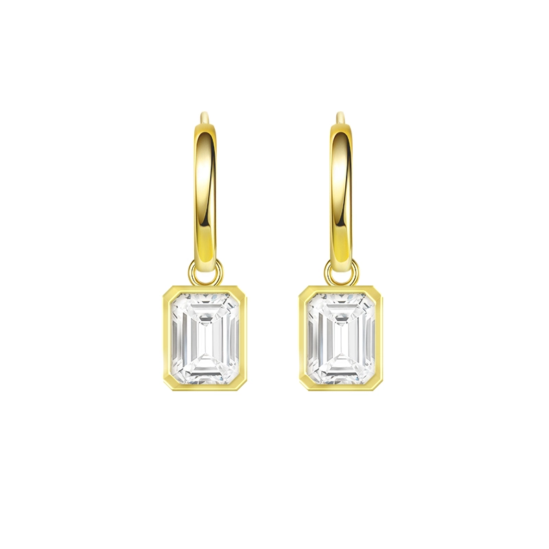 Emerald Cut Bezel Set Synthetic Diamond Minimalist Drop Huggie Earrings