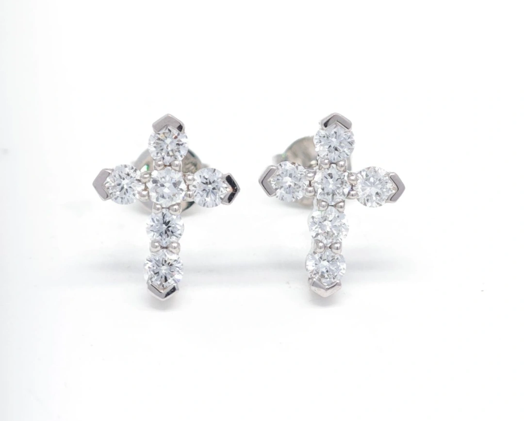 Cluster Round Synthetic Diamond Faith Inspired Cross Shape Stud Earrings