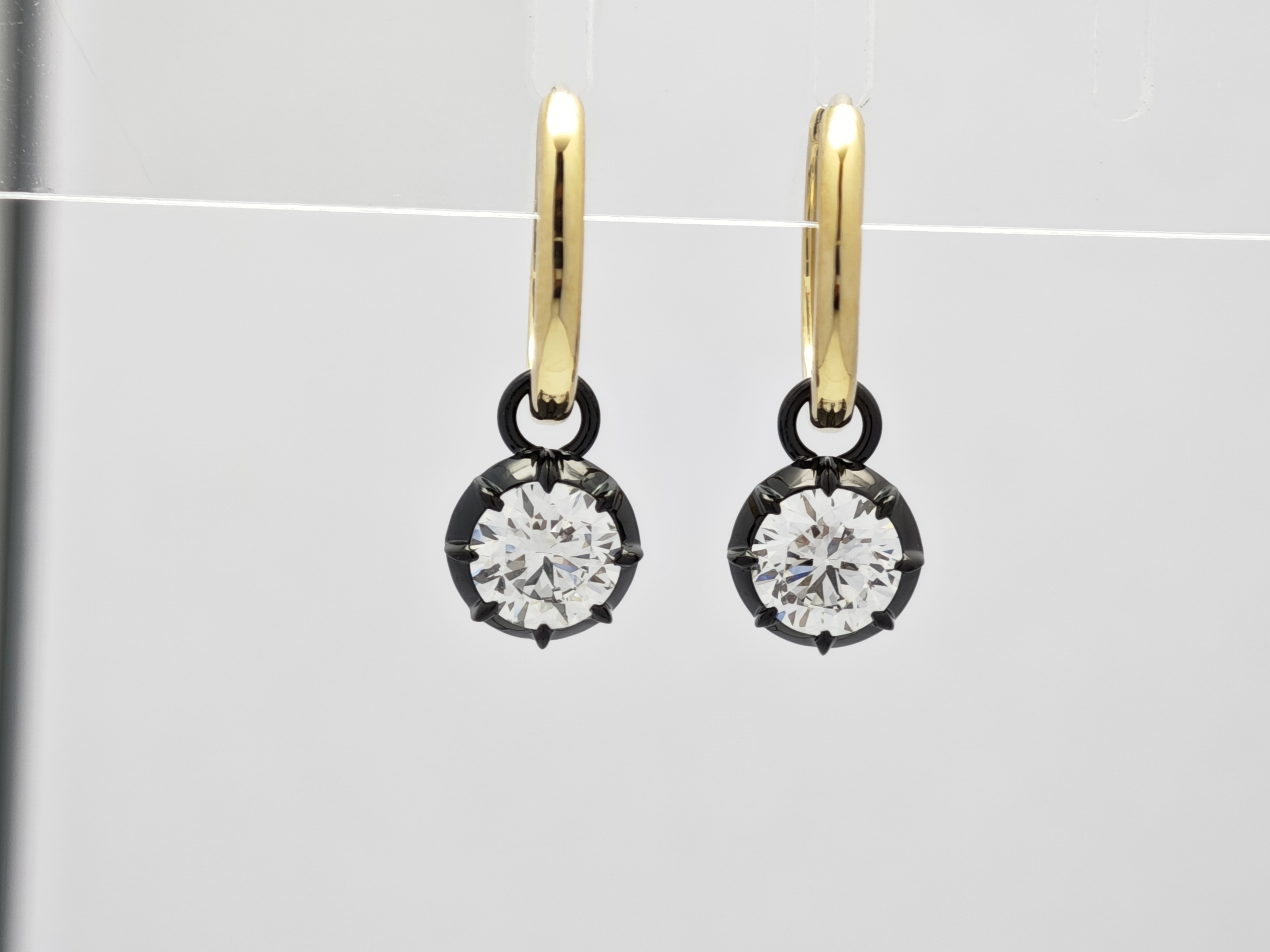 Two-Tone Black Prong Round Lab Cultured Diamond Dangle Huggie Earrings