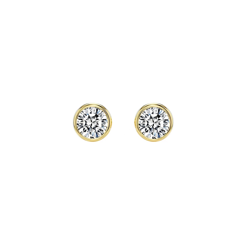 Solitaire Bubble Bezel Round Cut Synthetic Diamond Yellow Gold Stud Earrings