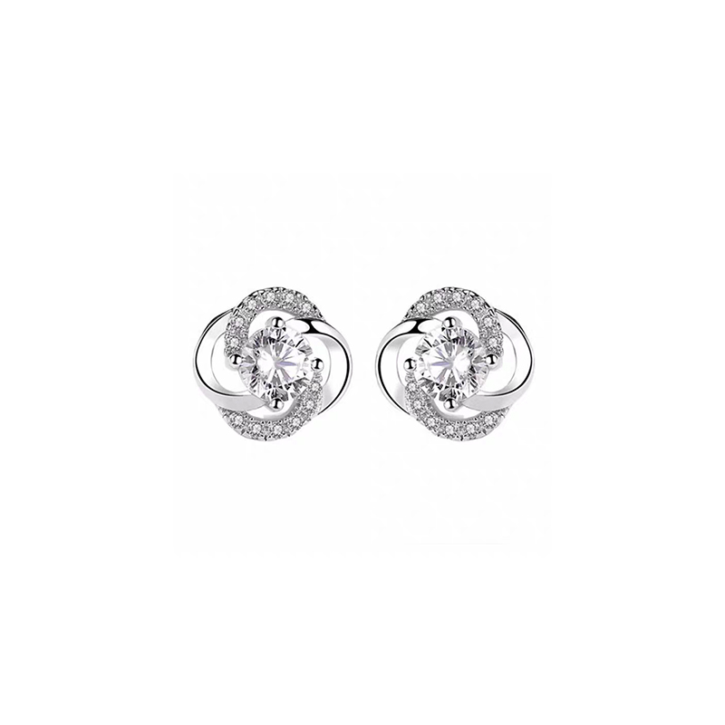 4-Strand Intertwined Floral Design Round Stone & Half Pave Stud Earrings