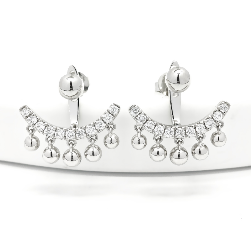 White Gold Smile Bar Full Pave Lab Created Diamond Drop Earrings with 5 Bead Charms