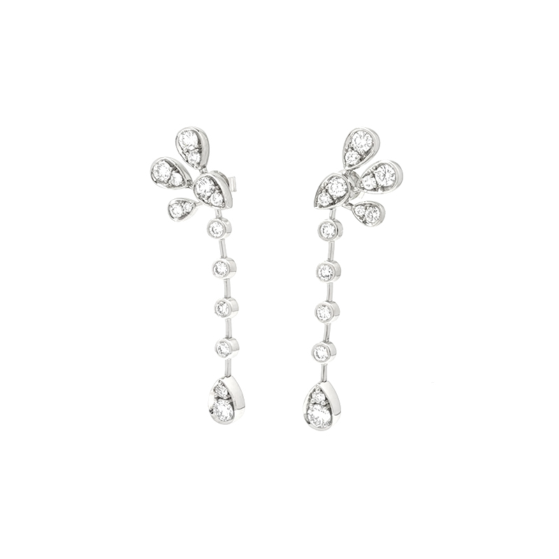 Teardrop Pave Floral Top Linear Chain Lab Grown Diamond White Gold Drop Earrings