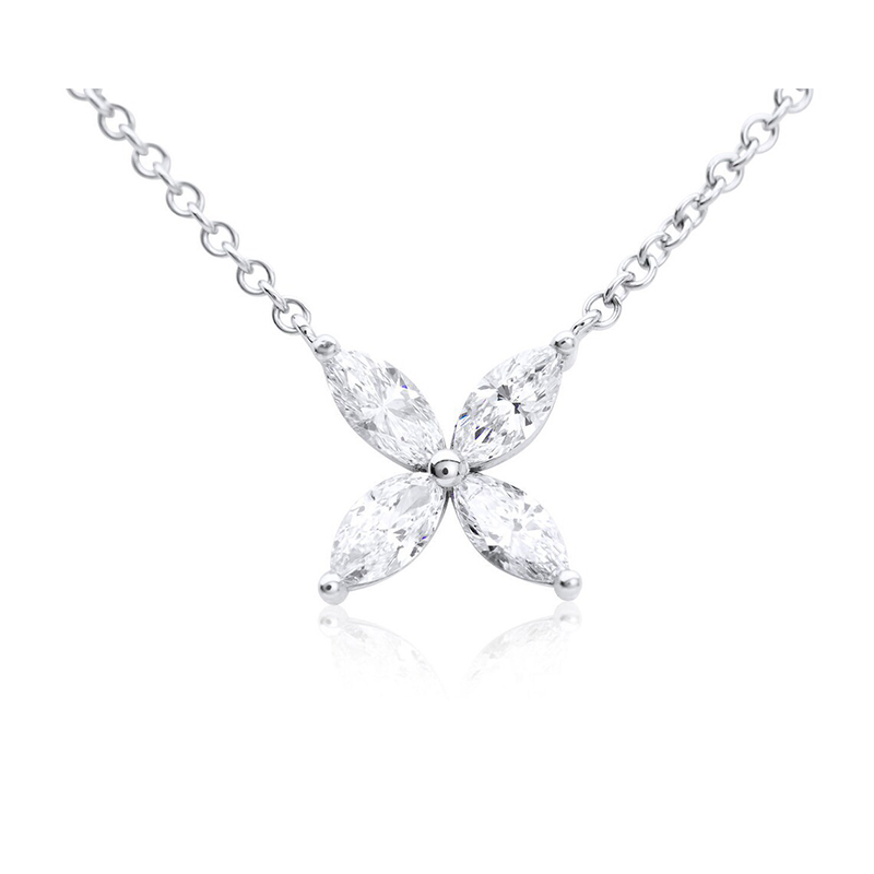 Art Deco Four Marquise Lab Grown Diamonds Petals Floral Necklace