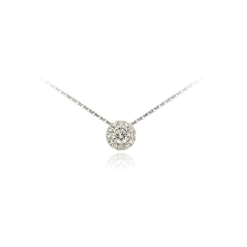 Petite Round Cut Halo Lab Cultured Diamond Necklace With Double-Sided Bevelled Chain