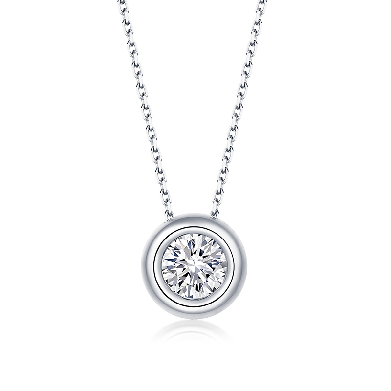 Solitaire Round Cut Wide Bezel Set Man Made Diamond White Gold Necklace