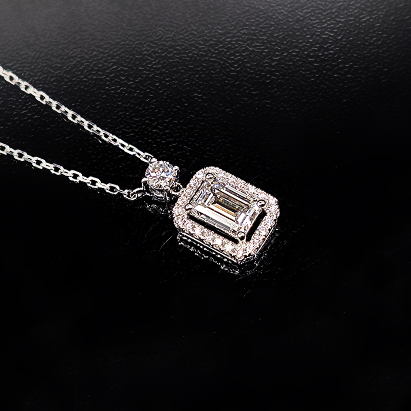 Solitaire 4 Prong Emerald Cut Open Spacing Halo Diamond Necklace