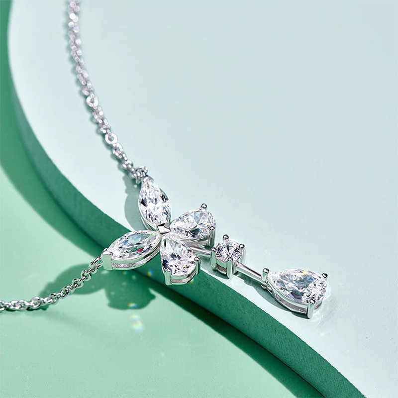 Butterfly Motif & Mixed Cut Lab Grown Diamond Drop Pendant Necklace