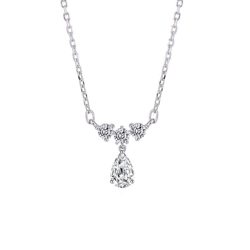 3 Prong Pear Cut Main Stone 3 Round Accents Pendant White Gold Necklace