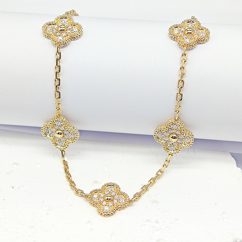 10 Alternating Four-Clover Pave & Milgrain Bezel Diamond Necklace