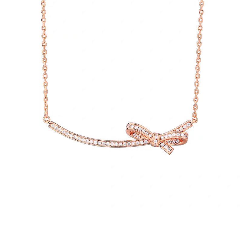 Bow-Knot Motif Full Channel Set Bar Pendant Rose Gold Necklace