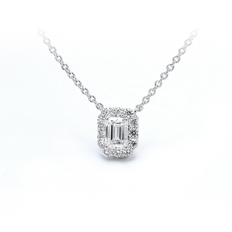 Solitaire Emerald Halo Dual Layer Open Gallery Synthetic Diamond Necklace