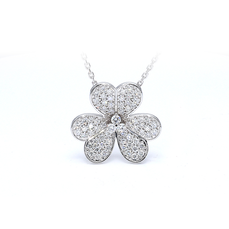 Solitaire Shamrock Motif Full Pave Bezel Pendant White Gold Necklace