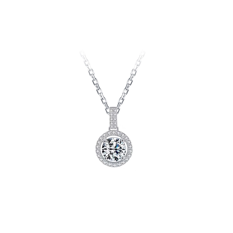 Single Round Cut 4 Prong Spacing Halo Pendant Diamond Necklace With Pave Bail
