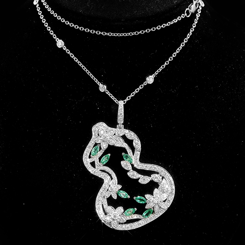 Open Hollow Gourd Frame Floral & Leaf Motif Lab Diamond Pendant Necklace