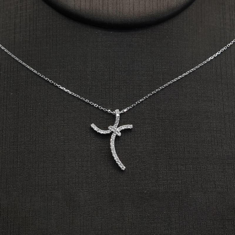 Minimalist Curved Cross Pave Lab Created Diamond White Gold Necklace