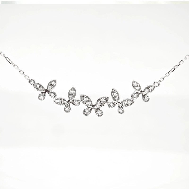 5 Connected Butterfly Motif Asymmetric Curve Shaped Pave Bezel Diamond Necklace