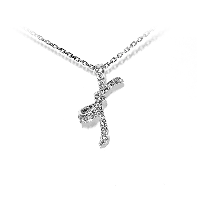 Bow knot Motif Full Micro Pave Cultivated Diamond Pendant White Gold Necklace