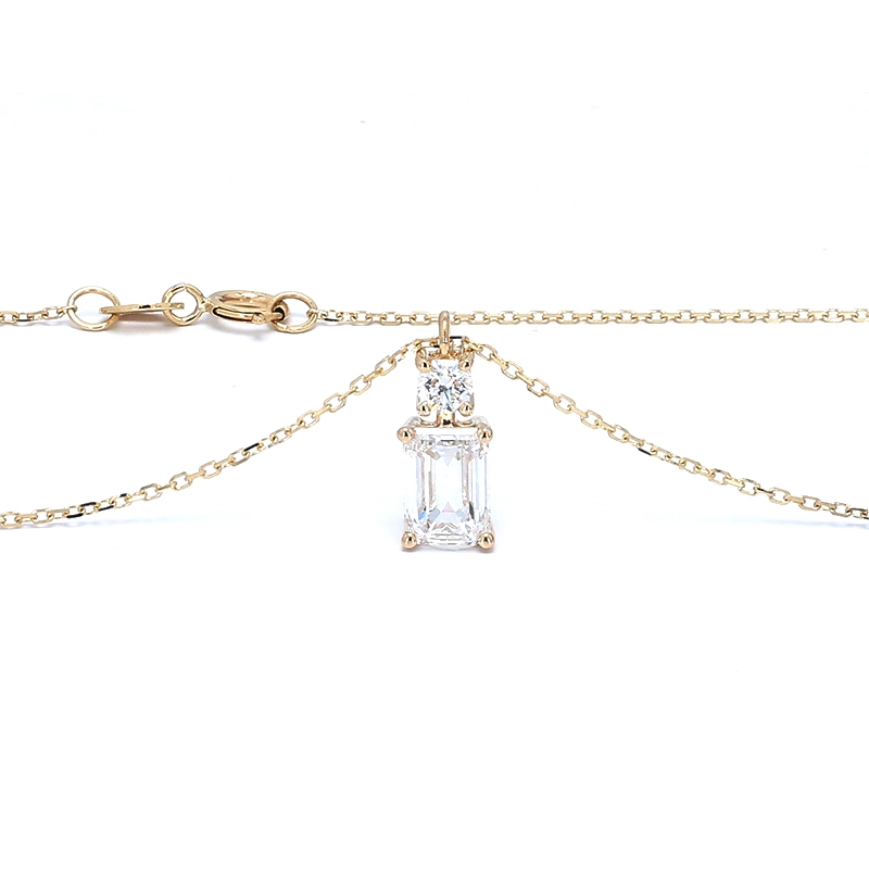 Emerald Cut Main Stone & Round Side Diamond Pendant Necklace in Yellow Gold