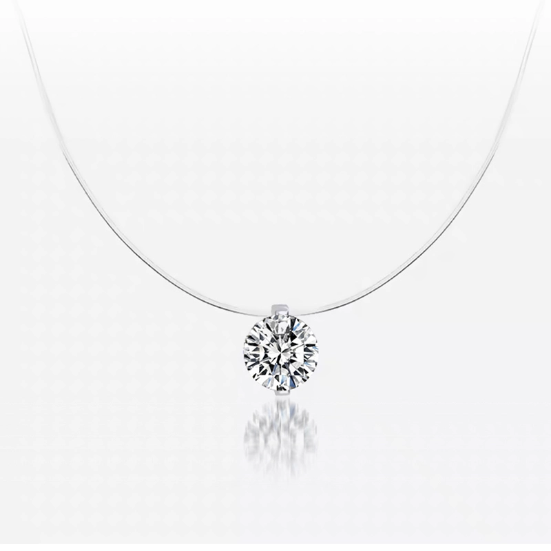 2 Prong Solitaire Pierced Round Cut Floating Set Diamond Necklace With Transparent Plastic Rope