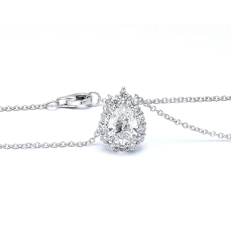 Solitaire Pear Cut Halo Lab Diamond Pendant White Gold Necklace