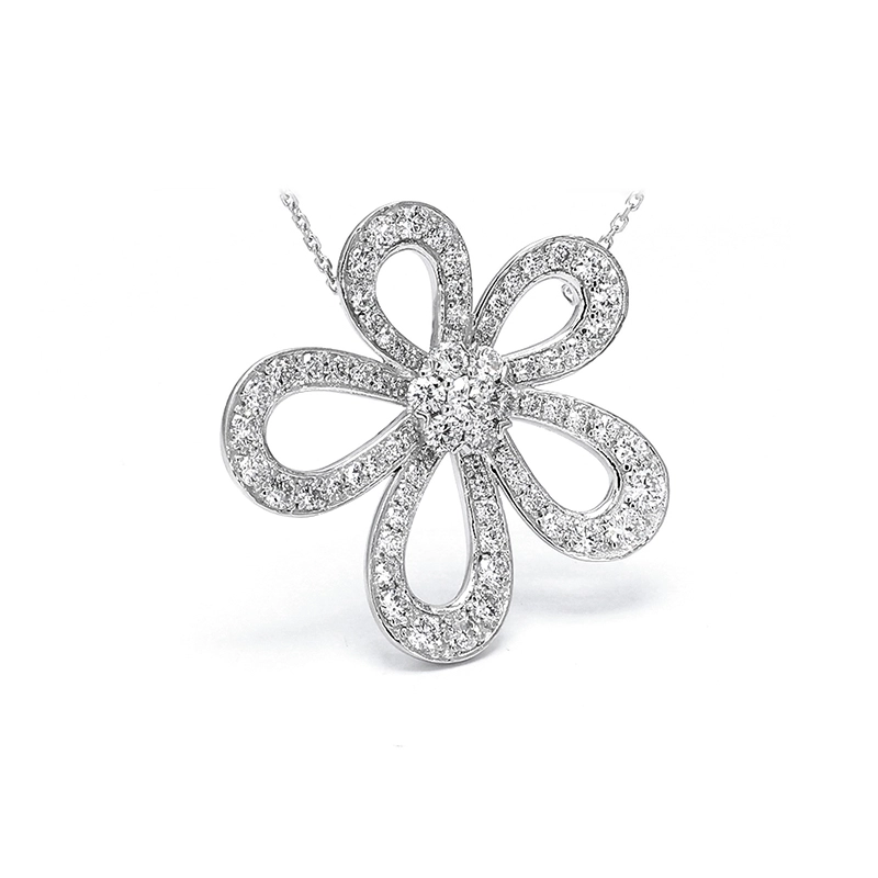 Open Hollow Tibetan Poppy Motif Pave Bezel Lab Cultured Diamond Necklace