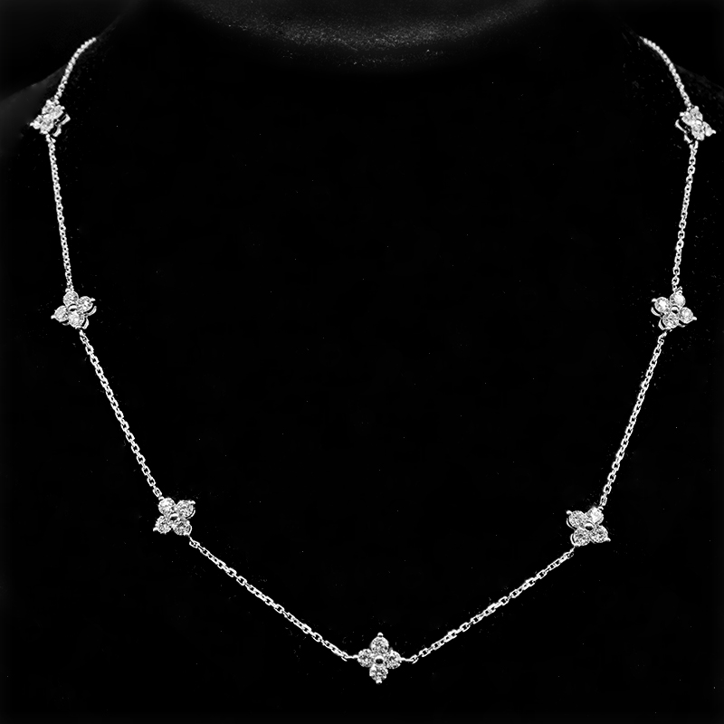 7 Station Clover Pavé Lab Created Diamond By-The-Yard Necklace in White Gold