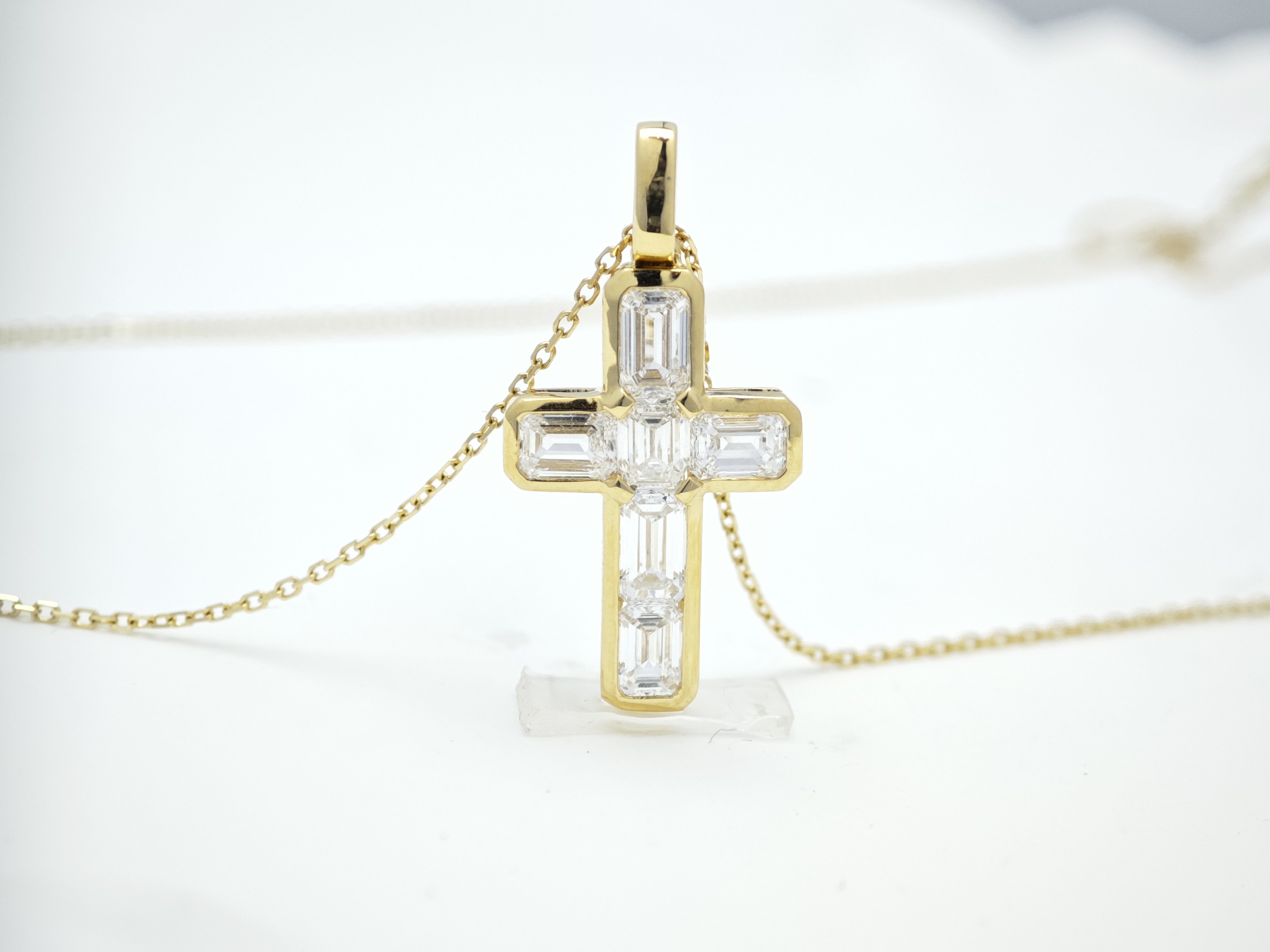 Bezel Set Emerald Cut Synthetic Diamond Cross Solitaire Pendant Charm