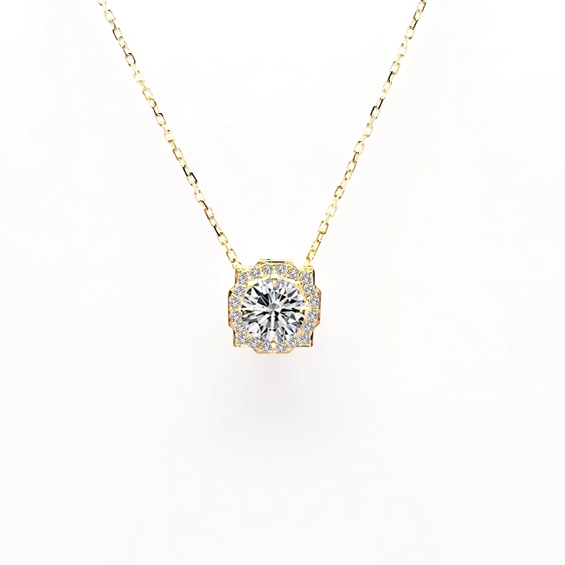 Square Octagon Frame Round Cut Main Stone Halo Lab Diamond Yellow Gold Necklace