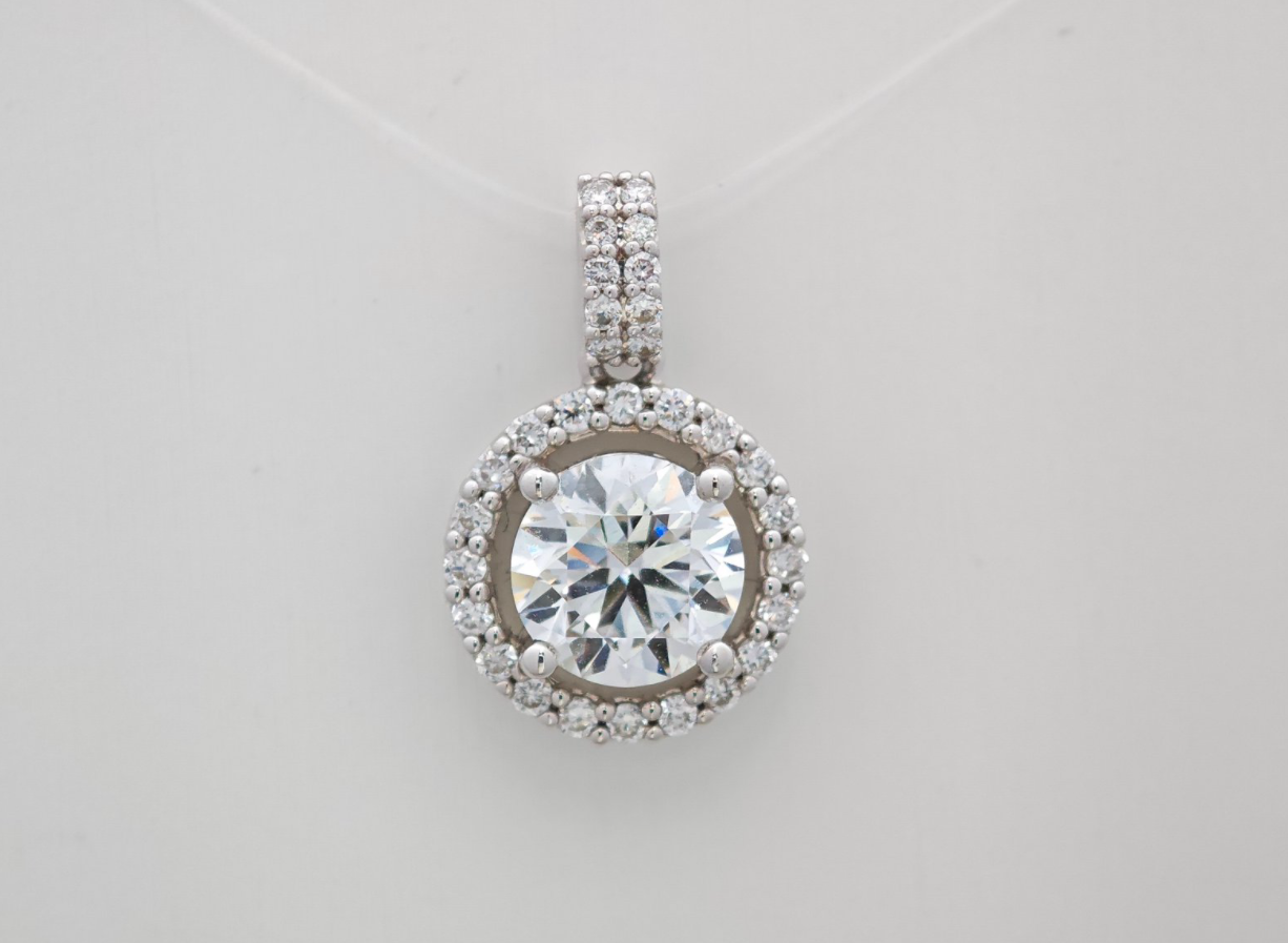 Double Row Pavé Halo Lab Grown Diamond Round Solitaire Pendant Charm