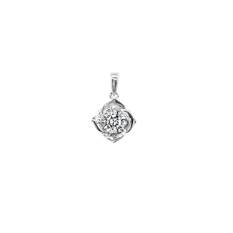Rose Floral Frame Lab Cultured Diamond Round Solitaire Bail Pendant Charm