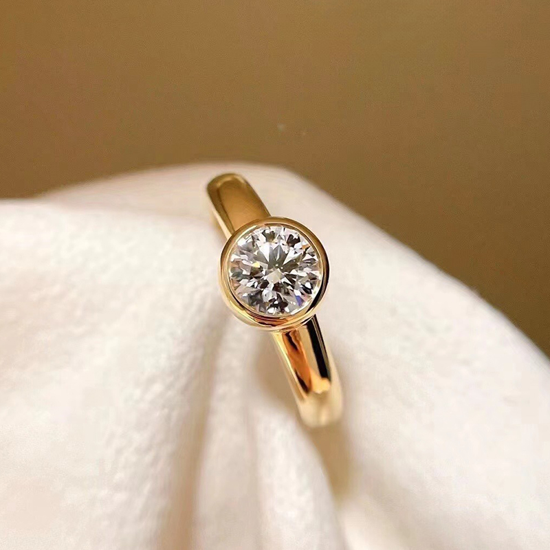 Yellow Gold Minimalist Solitaire Round Cut Bezel Man Made Diamond Engagement Ring