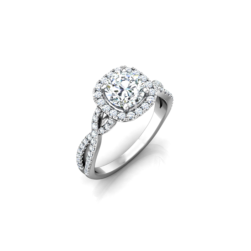 Round Solitaire Main Stone Cushion Halo Diamond Ring With Split Interlocked Half Pave Band